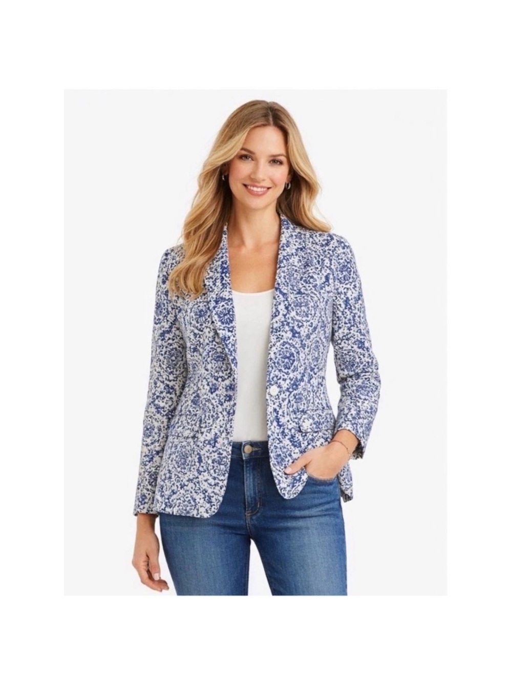 Talbots Blue and White Floral Print Blazer Size 12